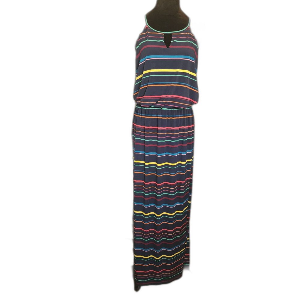 Market & Spruce Striped Halter Keyhole Maxi Dress Navy Rainbow Size Medium Beach